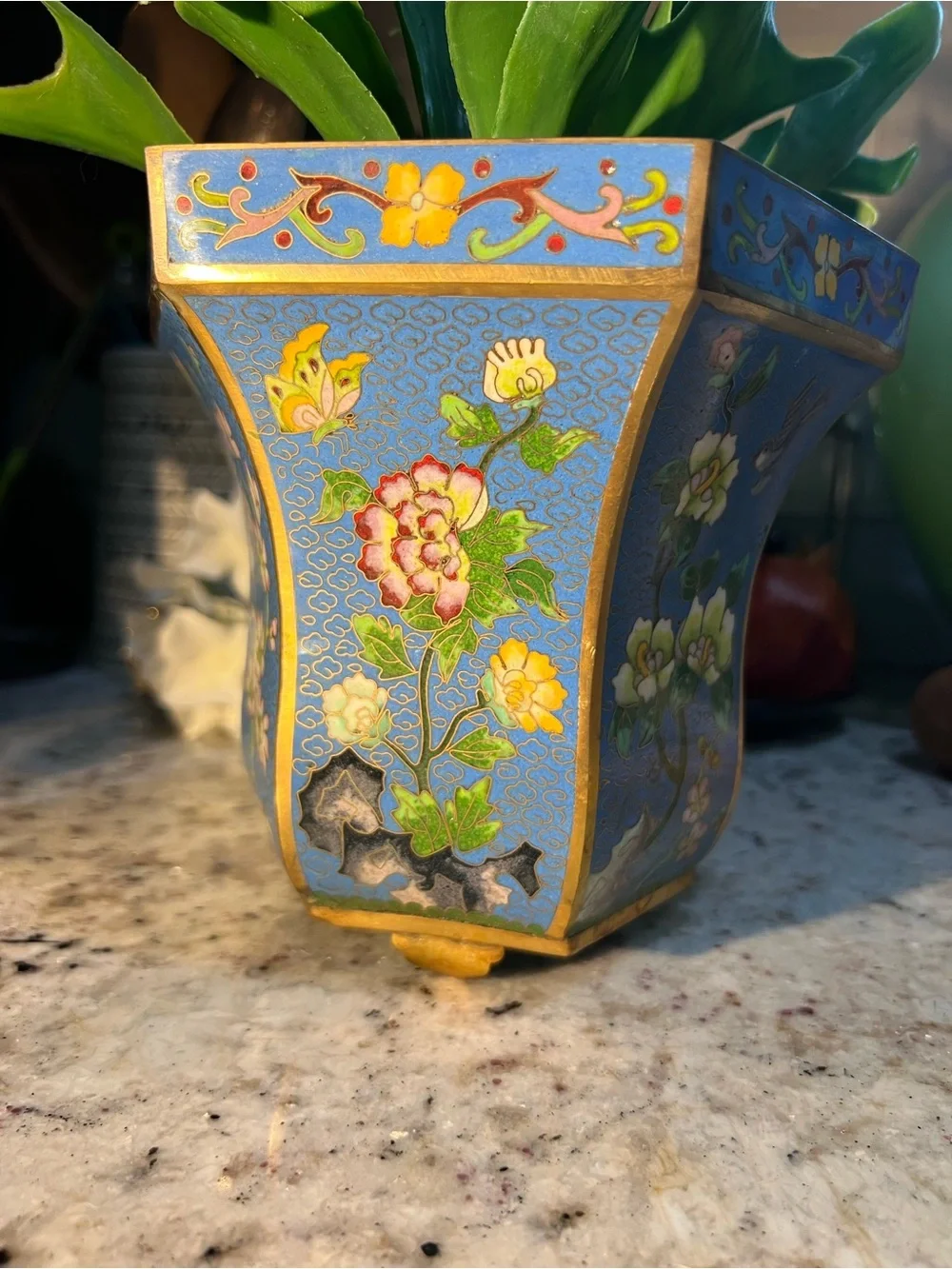 Blue Floral Cloisonné Decorative Planter read below